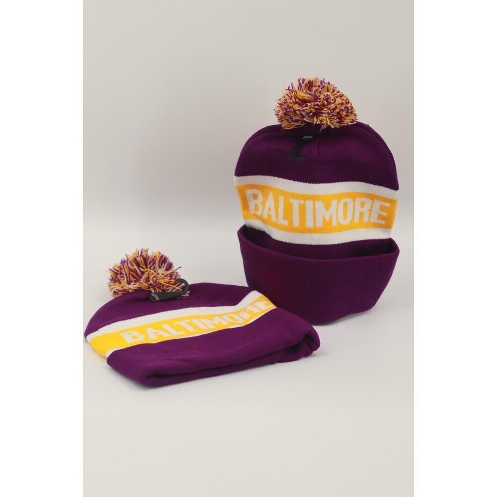 2PK Baltimore Maryland Beanie Hat Pom Pom Purple Yellow White Winter Knit Cuffed